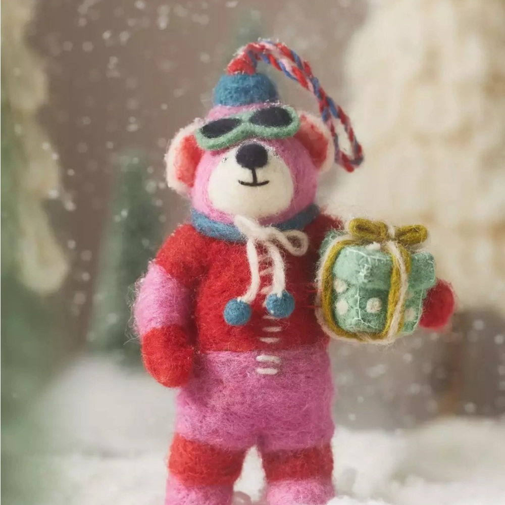 Anthropologie Handcrafted Wool Felt Bear Ornament pink